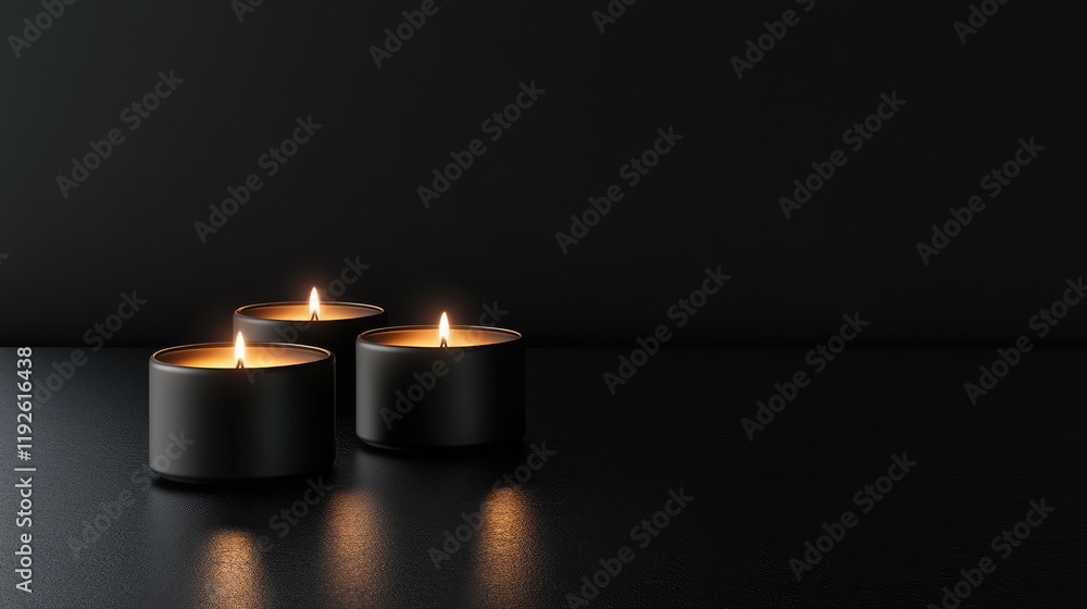 Aufkleber three illuminated candles on a sleek dark surface against a black background creating a serene and c