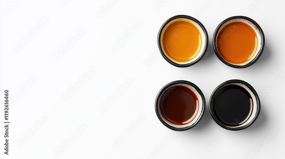 Poster bowls of assorted sauces arranged on a white background with ample empty space for creative text and
