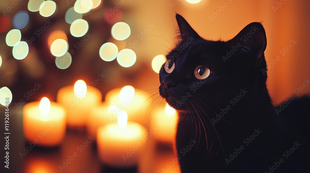 Aufkleber black cat surrounded by glowing candles with a softly blurred background creating a warm and cozy at
