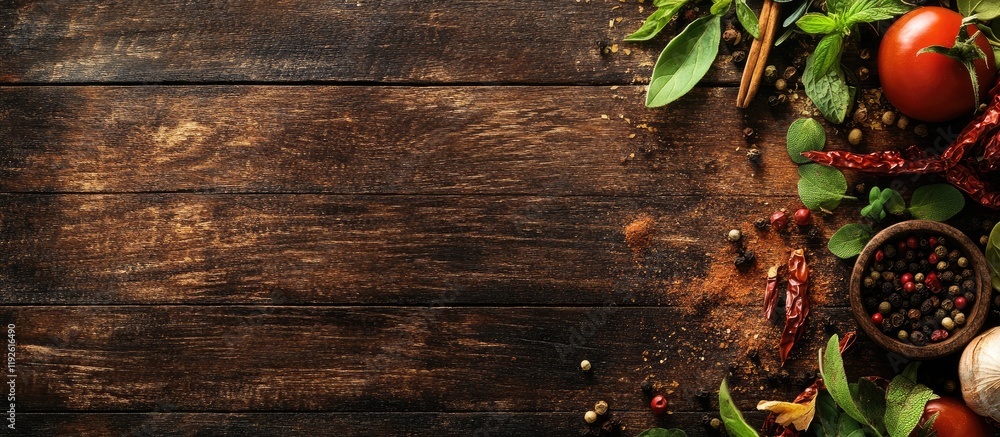 Poster Rustic Wooden Background With Assorted Spices Herbs and Vegetables Featuring Empty Space for Text or Branding Elements