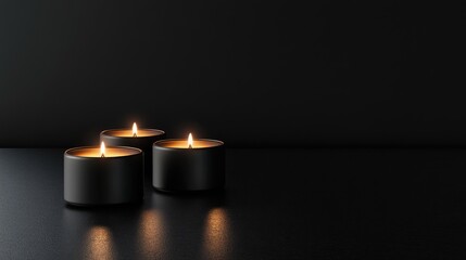 Three illuminated candles on a sleek dark surface against a black background creating a serene and calming atmosphere.