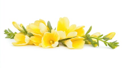Vibrant yellow freesia flower arrangement with green leaves isolated on white background for floral design and decoration concepts