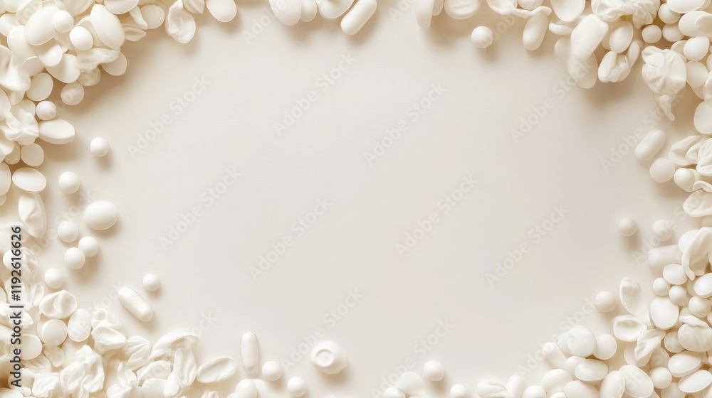 Poster Banner background composed of assorted white pills with ample empty space for text or branding purposes in a clean layout.
