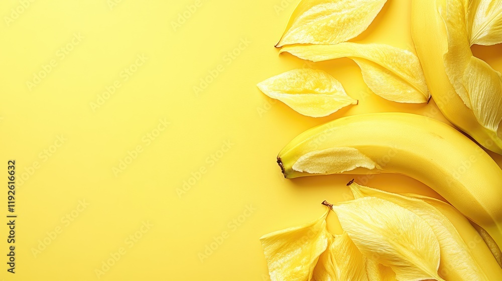 Poster bananas arranged on a vibrant yellow background with petals creating a fresh and lively composition 