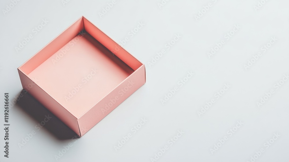 Poster pink square box on white background casting a shadow with ample empty space for product presentation