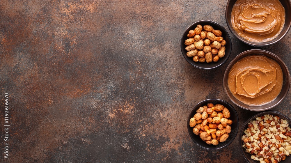 Aufkleber Bowls of peanut butter and assorted peanuts on a textured stone surface with available space for text or branding elements