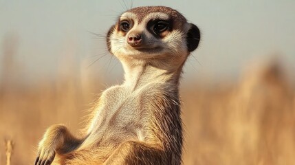 Meerkat basking in sunlight against a blurred natural background highlighting its playful expression and relaxed posture