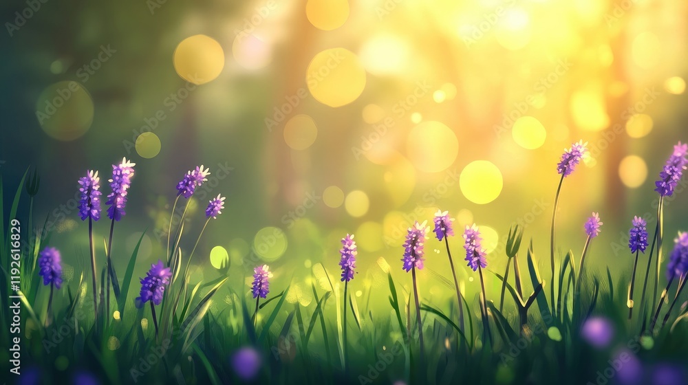 Poster bokeh spring landscape with purple wildflowers and green grass illuminated by sunlight in a serene n