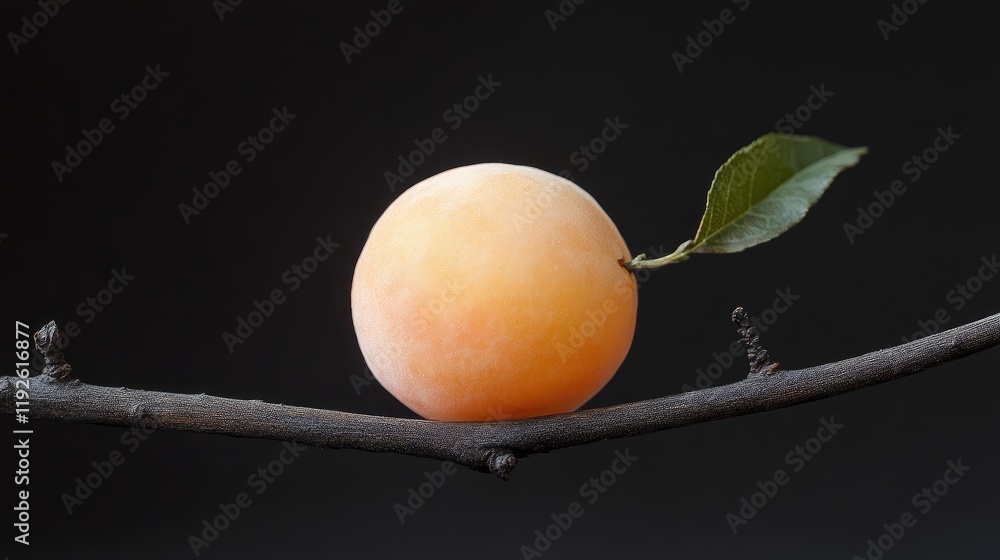 Aufkleber peach fruit on a branch with a green leaf isolated against a black background showcasing organic bea