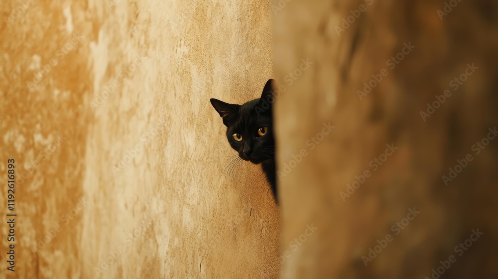 Poster curious black cat peeking from behind a wall with warm tones and copyspace for text in a cozy indoor