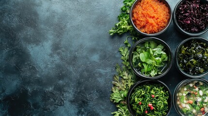 Assorted bowls of healthy sea vegetables and seaweed on dark background with space for text showcasing nutritious ingredients for meals