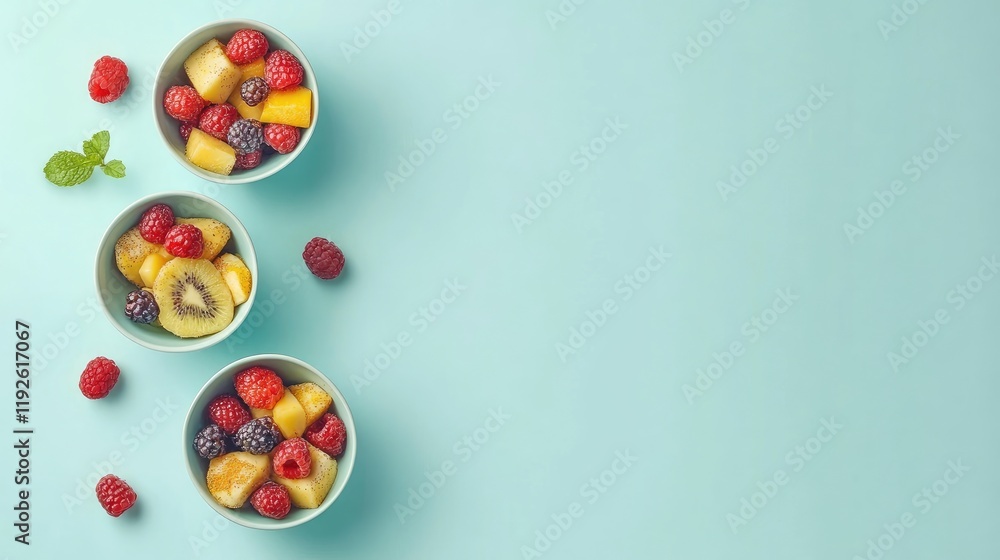 Poster colorful bowls of assorted fruits and nuts on a light blue background with ample empty space for tex