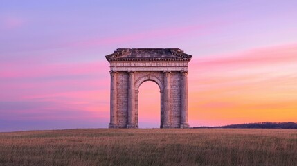 Fototapeta premium A majestic stone arch stands in a serene landscape, illuminated by a vibrant sunset, creating a breathtaking contrast against the sky.