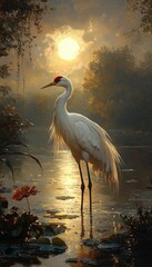 Fototapeta premium White crane wading in misty swamp at sunrise