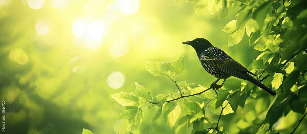 Poster starling bird resting on a branch surrounded by lush green foliage with soft sunlight creating a ser