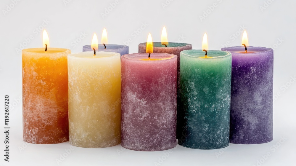 Poster colorful scented candles arranged in a row with flames on a white background creating a cozy and inv