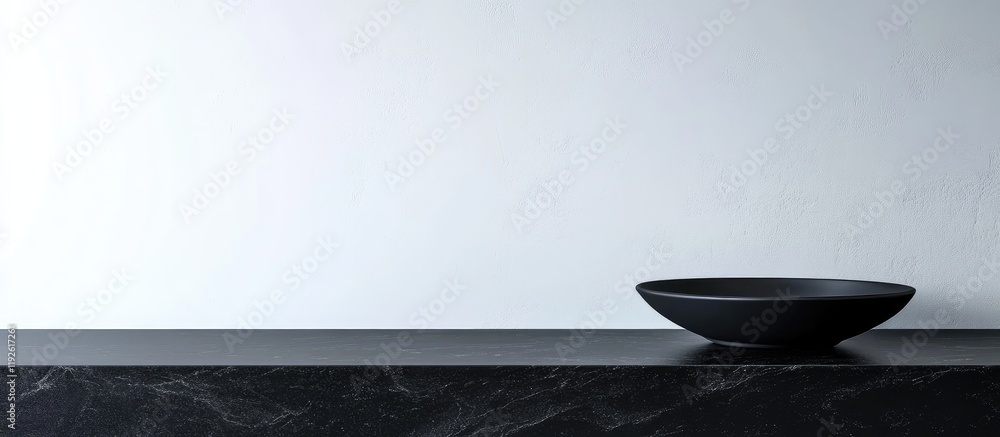 Poster Minimalist black countertop with elegant bowl on white background offering ample copyspace for text or design elements in horizontal layout
