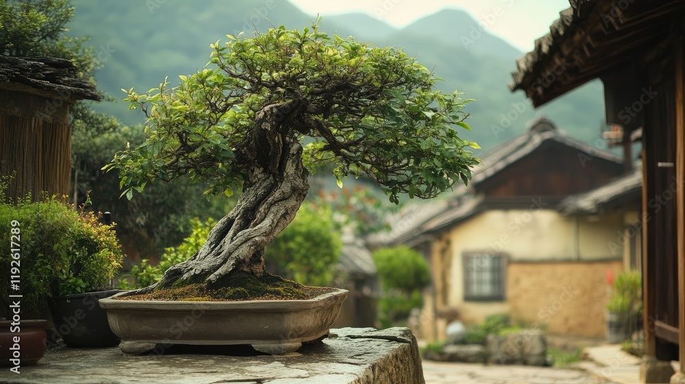 Poster bonsai tree gracefully displayed in a serene village setting surrounded by traditional architecture 