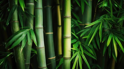 Fototapeta premium Lush green bamboo forest background with vibrant stems and leaves in a tropical setting for nature and serenity themes