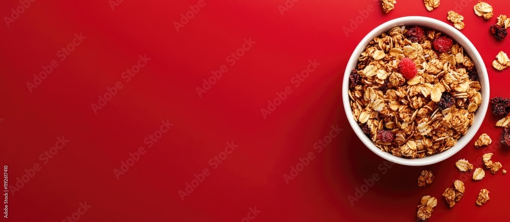 Aufkleber Granola bowl on vibrant red background with ample copyspace for text and design elements in advertising or promotional use.