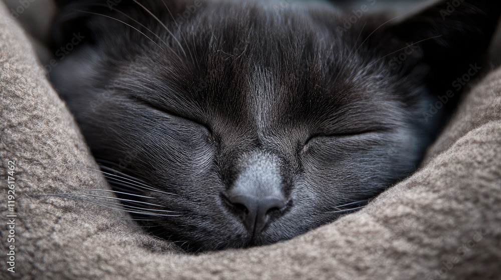 Poster Peaceful black cat sleeping on soft textured bed with closed eyes creating calm atmosphere and copyspace for text or captions