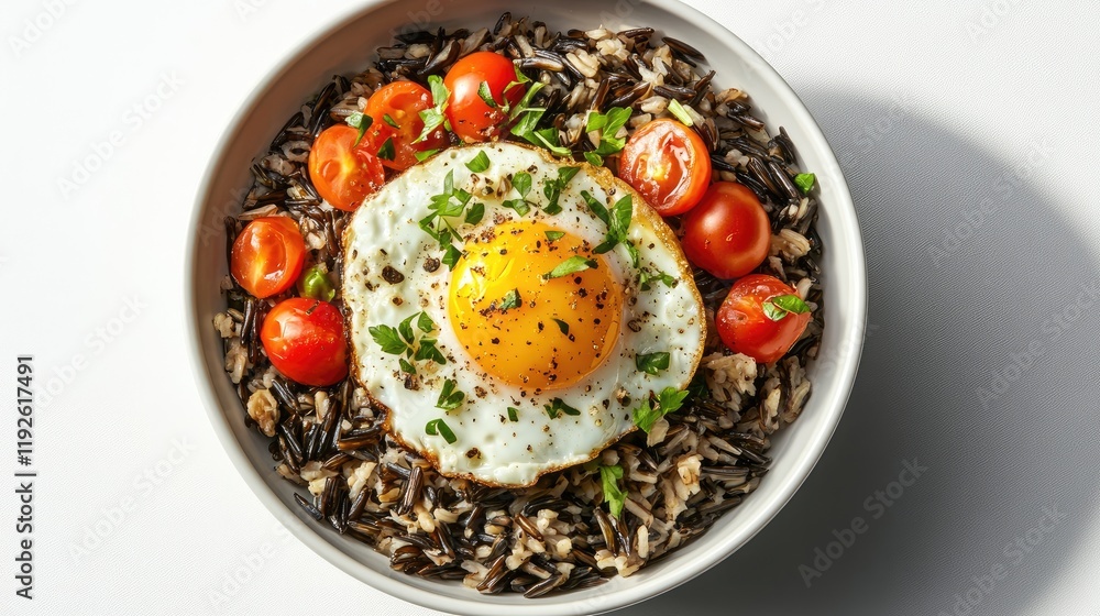 Aufkleber bowl of wild rice topped with fried egg cherry tomatoes and herbs on white background with long shad