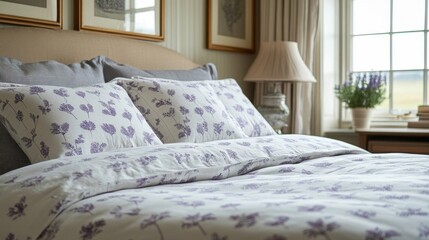 Lavender Floral Bedding On A Made Bed