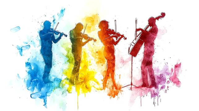 Vibrant Watercolor Illustration of a String Quartet Performing.