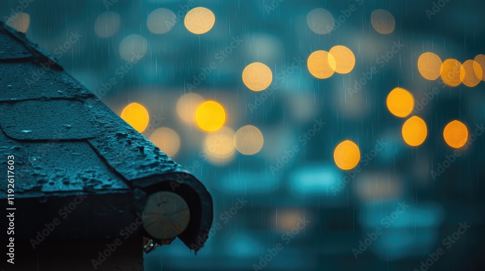 Poster bokeh lights shimmering on a rain-soaked rooftop creating a dreamy evening atmosphere in urban setti