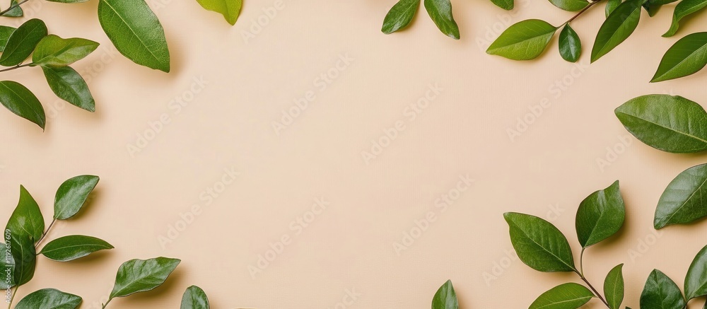 Poster Nature-inspired banner frame featuring lush green leaves on a soft backdrop with ample empty space for text or branding elements