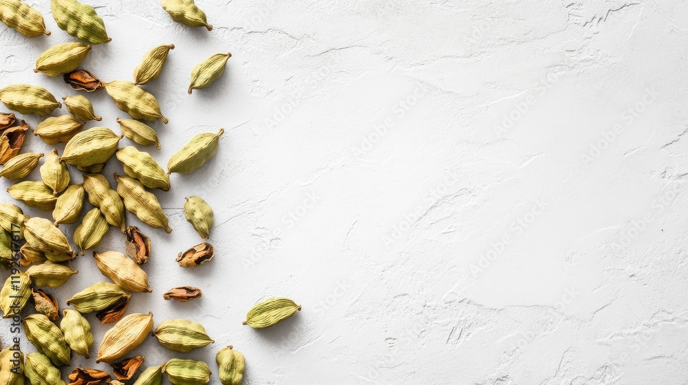 Poster cardamom pods arranged on a textured white surface with ample space for culinary text and branding.