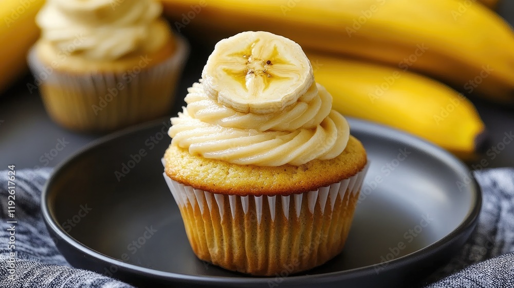 Poster banana cupcakes with creamy frosting and sliced overripe bananas garnished on top served on a dark p