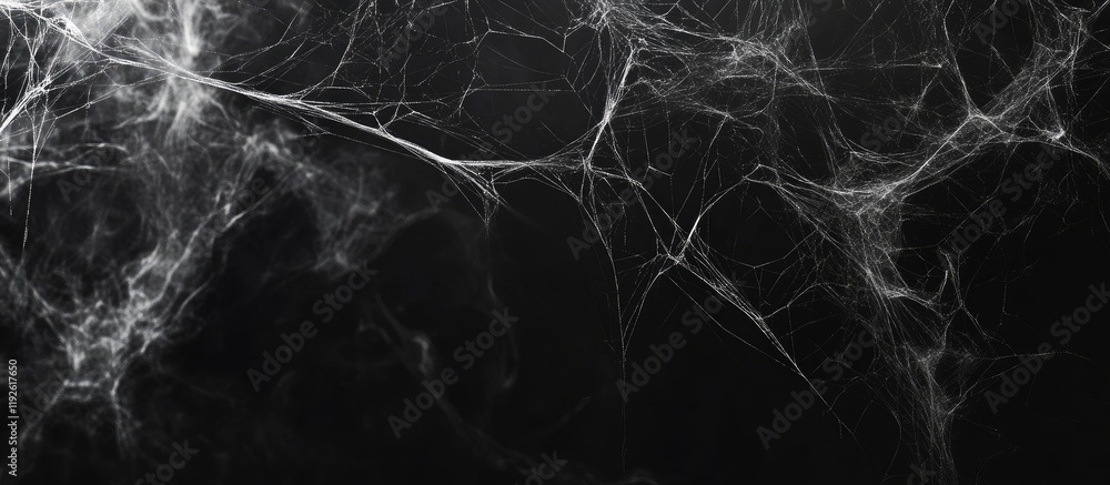 Poster intricate close-up of a spider web on a dark background with ample negative space for overlaying tex