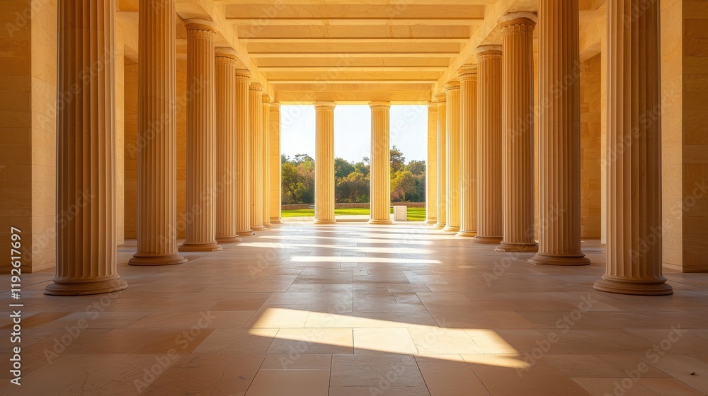 Poster a serene corridor lined with tall columns, illuminated by natural light, creating a tranquil and inv