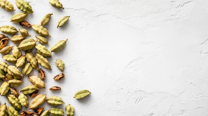 Cardamom pods arranged on a textured white surface with ample space for culinary text and branding.