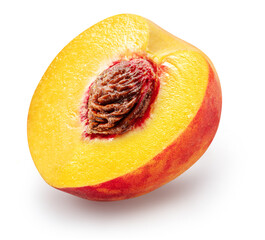 Ripe juicy peach half or peach cross section with stone isolated on white background. File contains...
