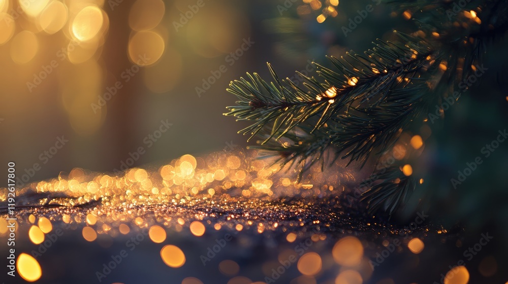 Poster Bokeh effect on a tree with festive glitter background capturing warm golden lights and natural textures in a serene outdoor setting