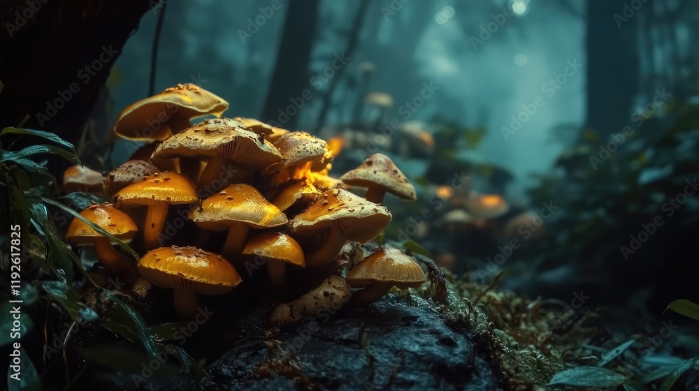 Poster boletus edulis mushrooms growing in a misty forest setting with lush greenery and soft lighting for 