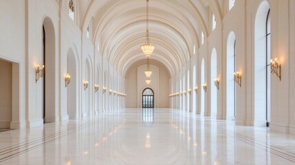 A spacious, elegantly designed hallway featuring arched windows, marble flooring, and soft lighting, creating a serene and sophisticated atmosphere.