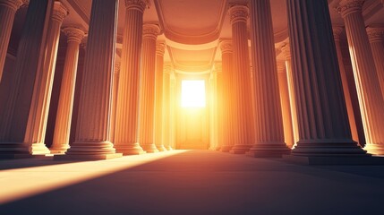 A grand architectural interior featuring towering columns and a bright light source illuminating the space.