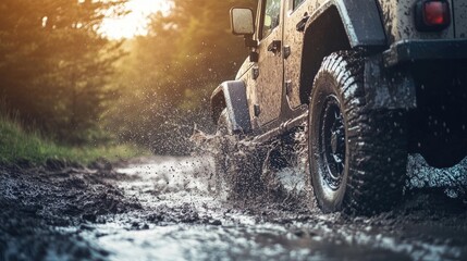Classic 4x4 vehicle navigating a muddy trail creating splashes of water in an adventurous outdoor setting at sunset