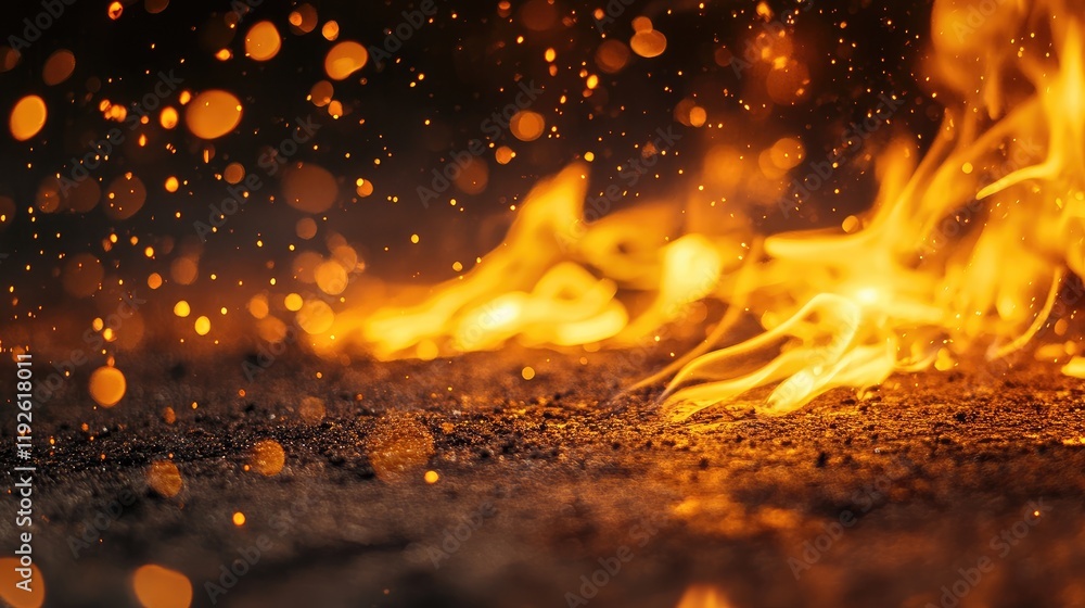 Poster fire flames and glowing embers sparking over a textured concrete surface with a dark background in a