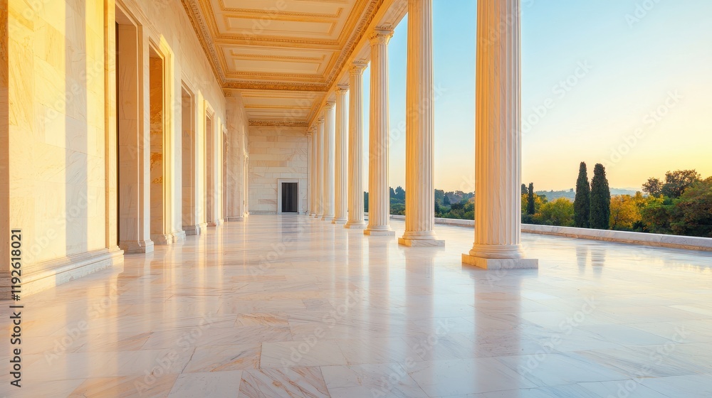 Poster a serene architectural view featuring elegant columns and a marble floor, illuminated by a warm suns