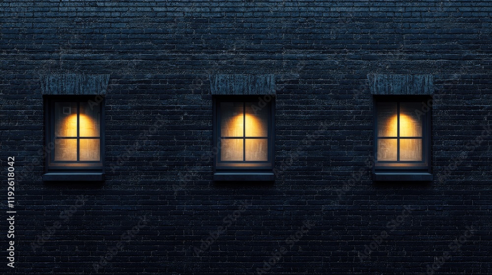 Poster Illuminated windows on a textured black brick wall creating a moody architectural atmosphere at night