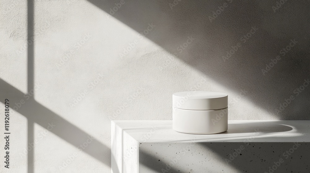 Poster minimalist display of a white cosmetic jar on a light surface with soft shadows highlighting skincar