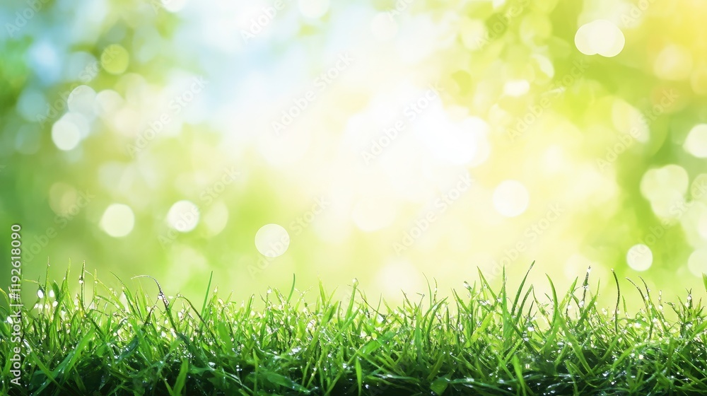 Poster bokeh effect of shimmering dew droplets on vibrant green grass in a sunlit garden background