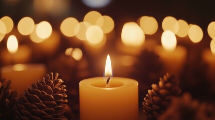 Candles and pine cones create a warm holiday atmosphere with a selective focus on flickering flames in a vintage-inspired background