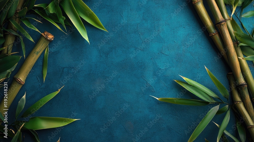 Aufkleber bamboo leaves and stalks arranged on a textured blue paper background creating a serene and natural 