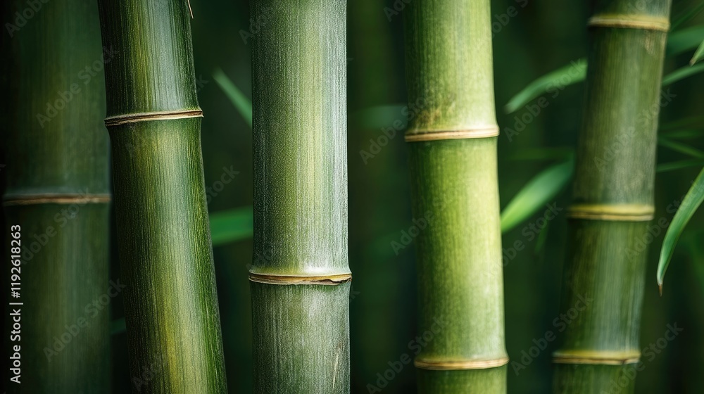 Poster lush green bamboo stalks close-up creating a serene and natural atmosphere in a tranquil setting