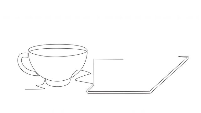 Animated lapis legit cake and a glass of tea. Lapis legit cake concept one-line drawing